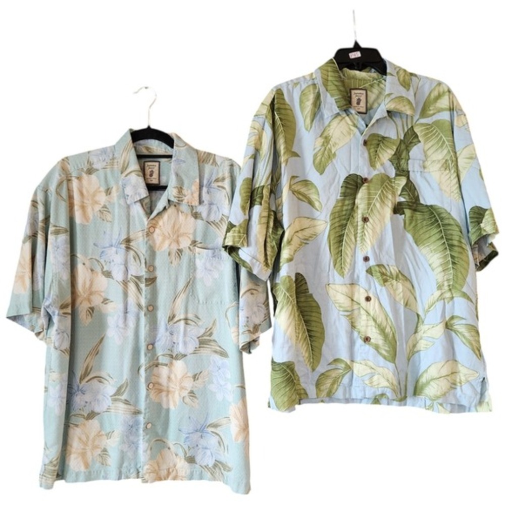 Jamaica Jaxx Hawaiian Camp Shirt Men's L XL Leaf Floral 100% Silk Lot of 2